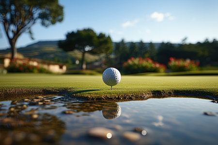 Golf: A golfer putts the ball on a beautifully manicured green under a bright blue sky.Generated with AIの素材