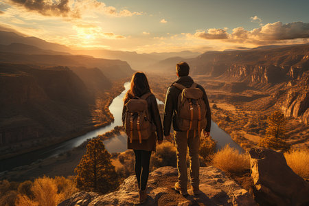 Travelers taking in the breathtaking view of the mountian. Generated with AIの素材