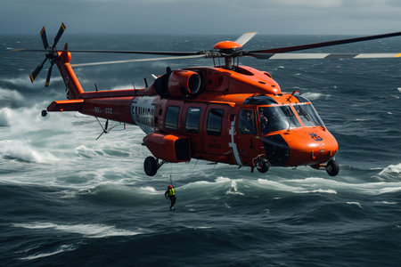 Coast Guard lifeguard descends from a helicopter onto a ship in the middle of the deep blue sea, performing a daring rescue operation.Generated with AIの素材