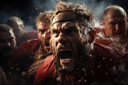 Rugby: Players in scrum caps and jerseys form a scrum, locked in a fierce battle for possession.Generated with AIの素材