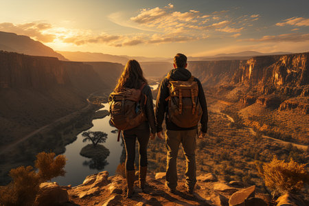 Travelers taking in the breathtaking view of the mountian. Generated with AIの素材