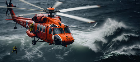Coast Guard lifeguard descends from a helicopter onto a ship in the middle of the deep blue sea, performing a daring rescue operation.Generated with AIの素材