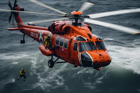 Coast Guard lifeguard descends from a helicopter onto a ship in the middle of the deep blue sea, performing a daring rescue operation.Generated with AIの素材