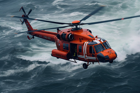 Coast Guard lifeguard descends from a helicopter onto a ship in the middle of the deep blue sea, performing a daring rescue operation.Generated with AIの素材