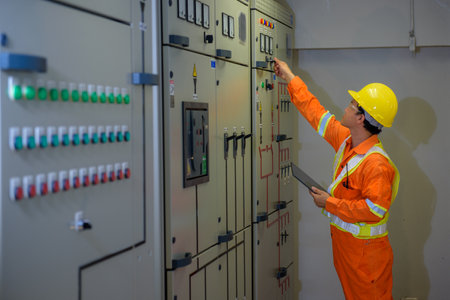 electrical engineer using tablet checking and serviceの写真素材
