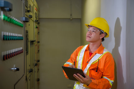 electrical engineer using tablet checking and serviceの写真素材