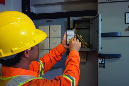 electrical engineer using tablet checking and serviceの写真素材