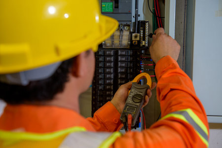 electrical engineer using tablet checking and serviceの写真素材