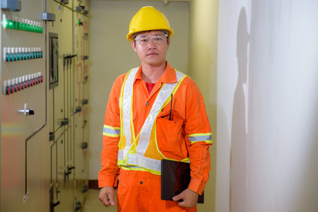 electrical engineer using tablet checking and service