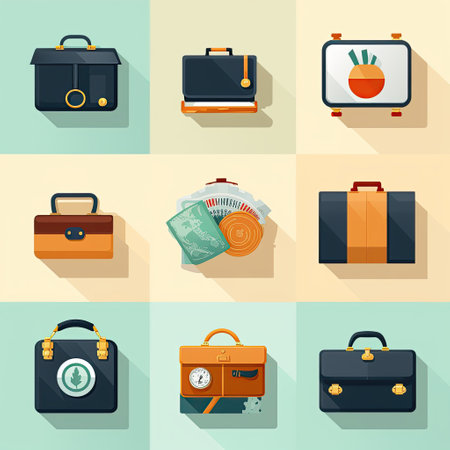 Business Icons: Icons representing business-related concepts such as a briefcase, dollar sign, and handshake.Generated with AIの素材