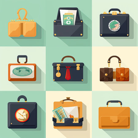 Business Icons: Icons representing business-related concepts such as a briefcase, dollar sign, and handshake.Generated with AIの素材