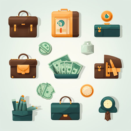 Business Icons: Icons representing business-related concepts such as a briefcase, dollar sign, and handshake.Generated with AIの素材