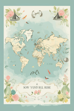 Destination Wedding Card: A travel-inspired card showcasing a world map and adventure theme.Generated with AIの素材