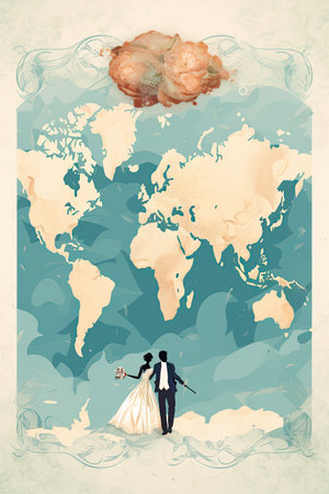 Destination Wedding Card: A travel-inspired card showcasing a world map and adventure theme.Generated with AIの素材