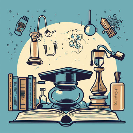 Education Icons: Icons of a graduation cap, book, and microscope denoting educational themes. Generated with AIの素材
