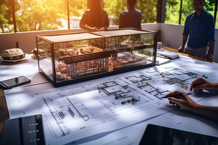 A team of engineers is engrossed in their work, with two of them leaning over a blueprint spread across a table. Generated with AIの素材