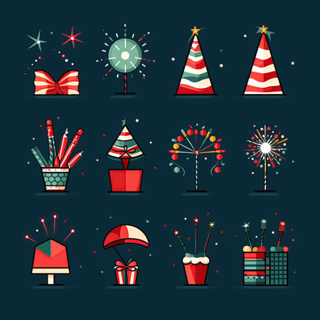 Holiday Icons: Icons representing holidays such as a gift, party hat, and fireworks.Generated with AIの素材