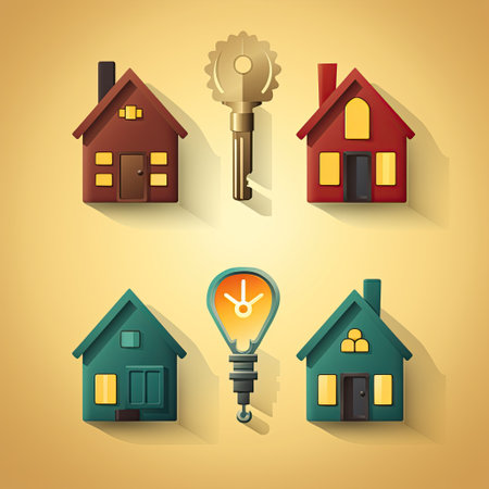 Home Icons: Icons of a house, key, and lightbulb for home-related concepts. Generated with AIの素材