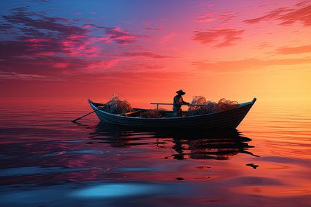 Fisherman on a Boat: A fisherman casts a net from a colorful boat, hoping for a bountiful catch on a calm sea.Generated with AIの素材