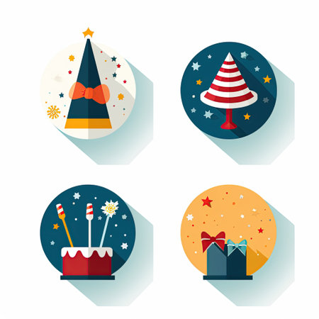 Holiday Icons: Icons representing holidays such as a gift, party hat, and fireworks.Generated with AIの素材