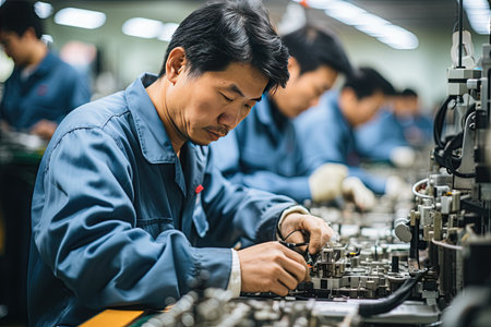 manufacturing process in a Chinese modern factory, including assembly lines, quality control, Generated with AIの素材
