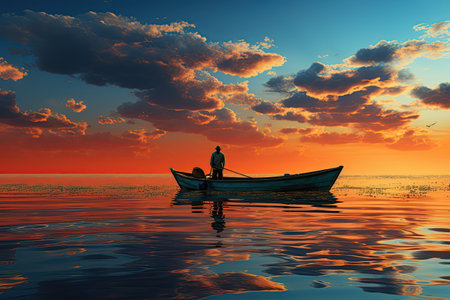 Fisherman on a Boat: A fisherman casts a net from a colorful boat, hoping for a bountiful catch on a calm sea.Generated with AIの素材