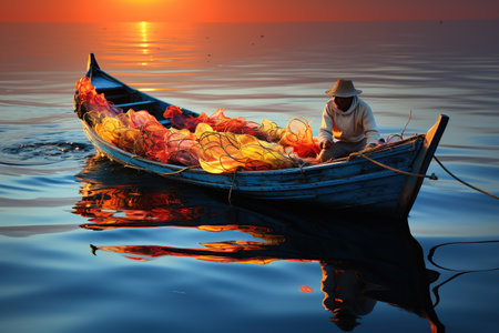 Fisherman on a Boat: A fisherman casts a net from a colorful boat, hoping for a bountiful catch on a calm sea.Generated with AIの素材