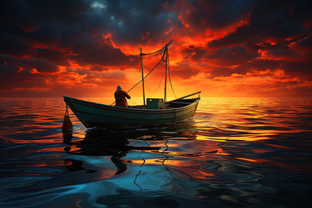 Fisherman on a Boat: A fisherman casts a net from a colorful boat, hoping for a bountiful catch on a calm sea.Generated with AIの素材