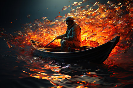 Fisherman on a Boat: A fisherman casts a net from a colorful boat, hoping for a bountiful catch on a calm sea.Generated with AIの素材