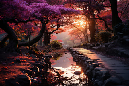 autumn through the Mystic Palette, visualize an enchanted forest scene. forest Mystic Purple color  background,の素材
