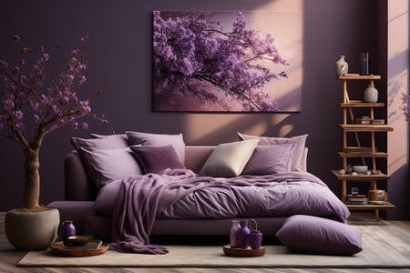 cozy autumn scene. Picture a rustic living room with walls painted,Generated with AIの素材