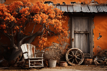 Rustic Orange :autumn's warmth and nostalgia. It could feature rustic elements such as weathered wood,Generated with AIの素材