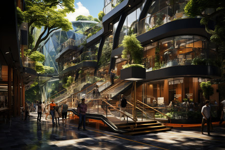 Modern shopping malls bustling with shoppers, offering a wide range of products and services.の素材