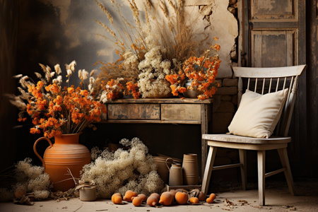 Rustic Orange :autumn's warmth and nostalgia. It could feature rustic elements such as weathered wood,Generated with AIの素材