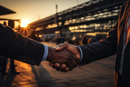 Two professionals, an engineer and a businessman, firmly shake hands at a bustling construction site.Generated with AIの素材
