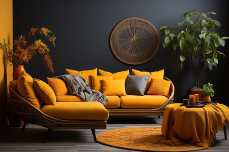 cozy autumn scene. Picture a rustic living room with walls painted,Generated with AIの素材
