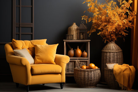 cozy autumn scene. Picture a rustic living room with walls painted,Generated with AIの素材
