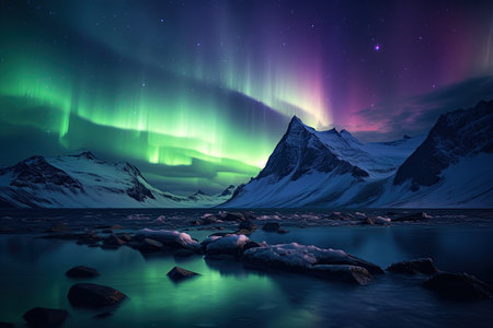 Aurora Borealis: A dazzling display of the Northern Lights, painting the night sky with vibrant colors.Generated with AIの素材