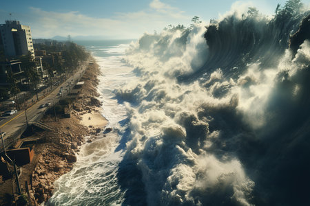 Tsunami Impact Massive waves crashing onto a shoreline, causing widespread destruction.Generated with AIの素材