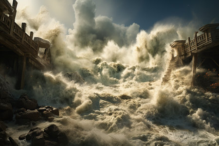 Tsunami Impact Massive waves crashing onto a shoreline, causing widespread destruction.Generated with AIの素材