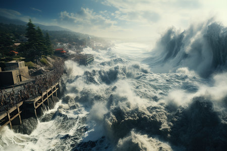 Tsunami Impact Massive waves crashing onto a shoreline, causing widespread destruction.Generated with AIの素材