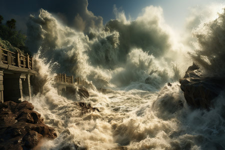 Tsunami Impact Massive waves crashing onto a shoreline, causing widespread destruction.Generated with AIの素材