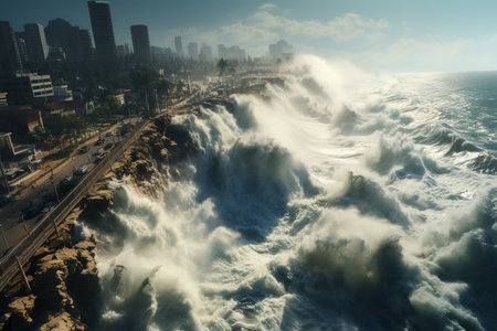 Tsunami Impact Massive waves crashing onto a shoreline, causing widespread destruction.Generated with AIの素材