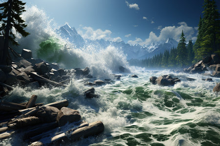 Tsunami Impact Massive waves crashing onto a shoreline, causing widespread destruction.Generated with AIの素材