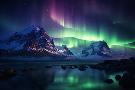 Aurora Borealis: A dazzling display of the Northern Lights, painting the night sky with vibrant colors.Generated with AIの素材