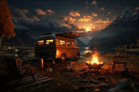 camping van parked in a beautiful natural setting, campfire clear night sky,Generated with AIの素材