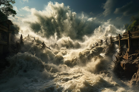 Tsunami Impact Massive waves crashing onto a shoreline, causing widespread destruction.Generated with AIの素材