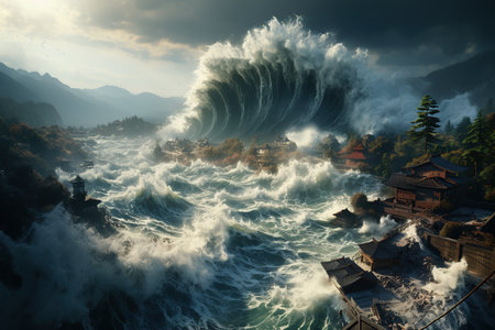 Tsunami Impact Massive waves crashing onto a shoreline, causing widespread destruction.Generated with AIの素材