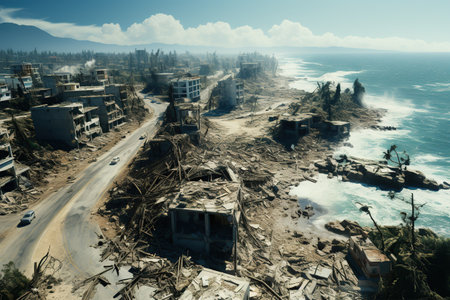Hurricane Devastation: Aerial view of a coastal town in ruins after a powerful hurricane.Generated with AIの素材