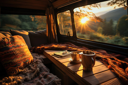 steaming cup coffee cozy van life morning slow tranquil lifestyle,Generated with AIの素材